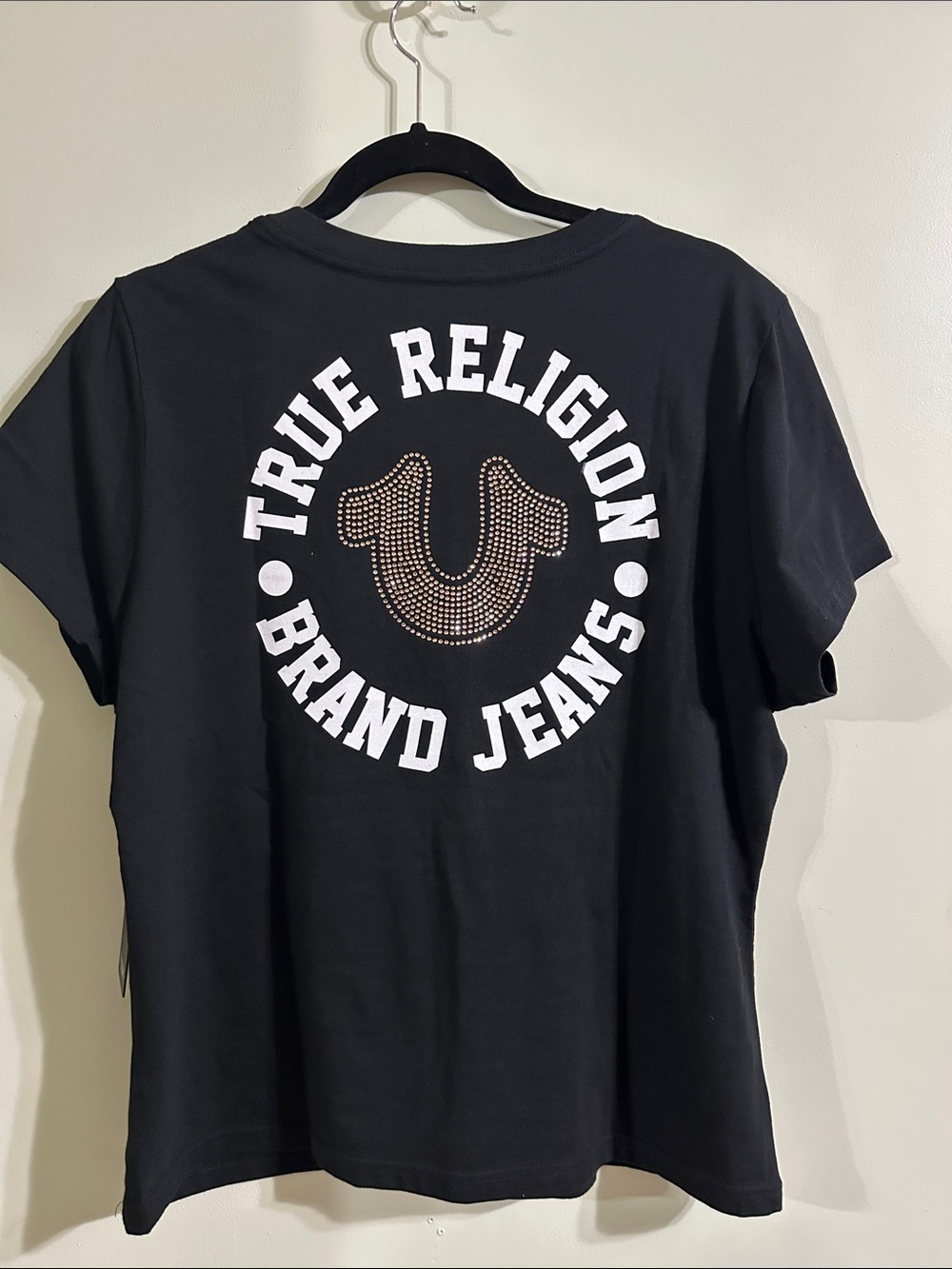 True Religion Black Tee with White Logo and Gold Studded Horseshoe